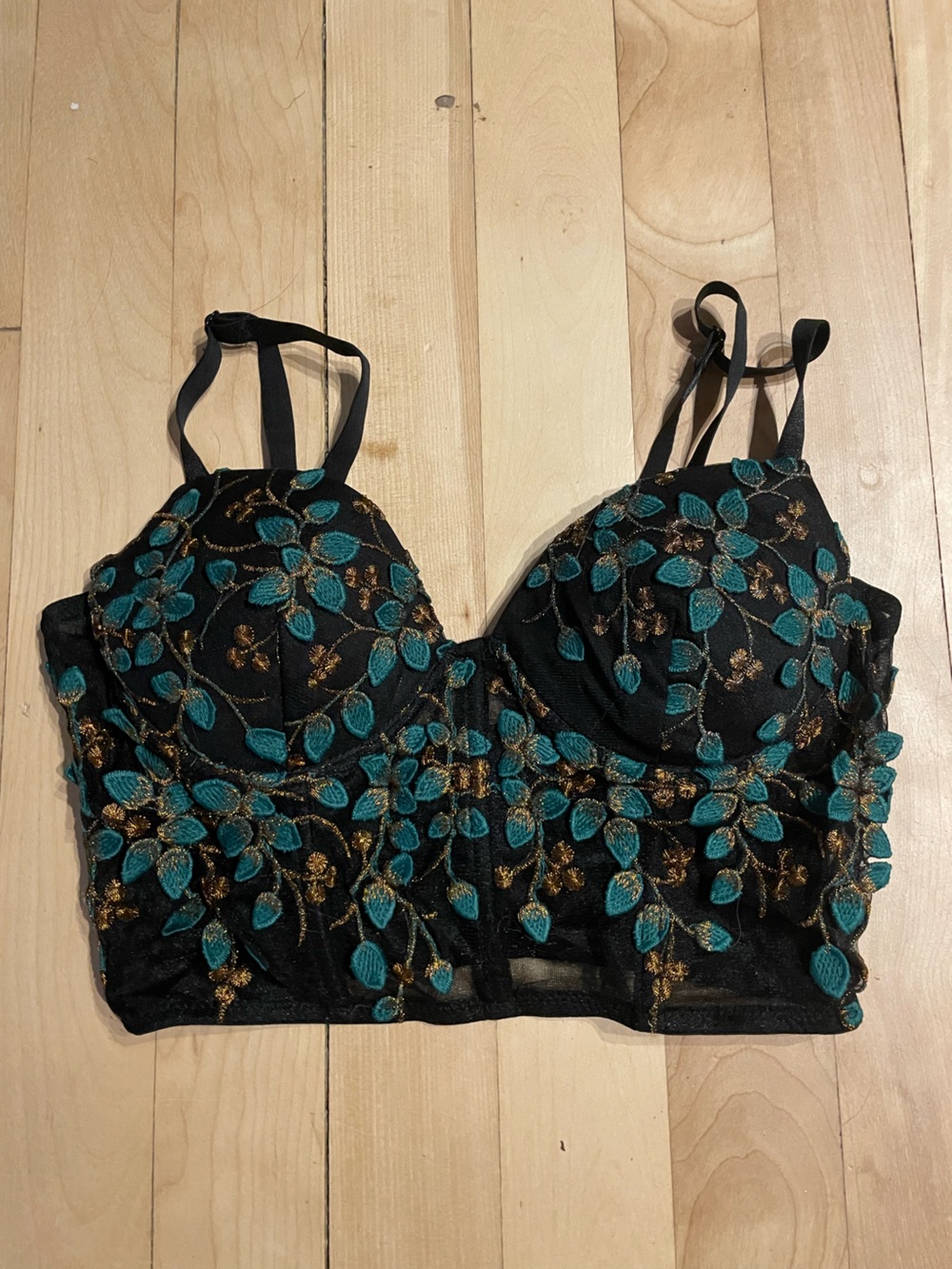 Windsor Black Bustier Crop Top with Teal and Gold Embroidery